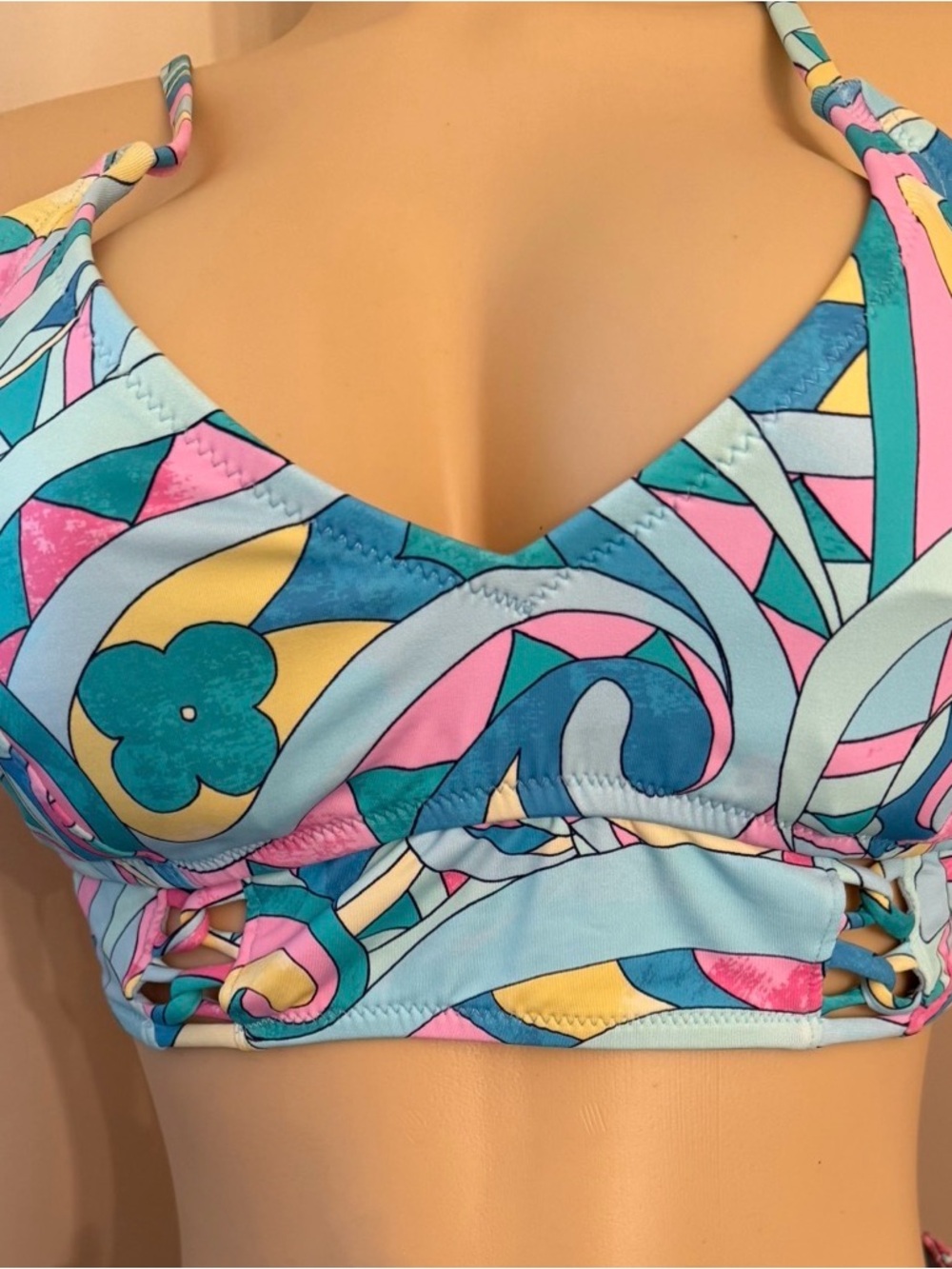 Jessica Simpson Pastel Swirl Print Bikini Top - Light Blue Pink Yellow Teal